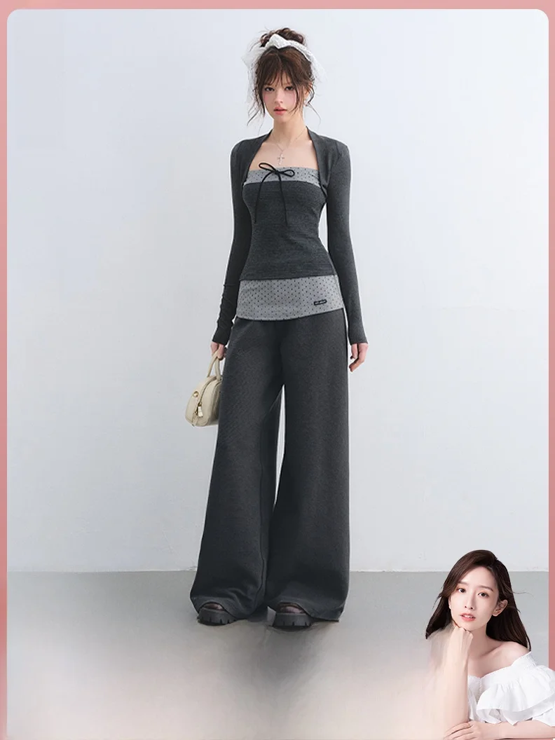 

AsGony High Waist Wide Leg Pants Two-Piece Set Knot Design Spotted And Striped Pattern Fashionable Women's Outfit