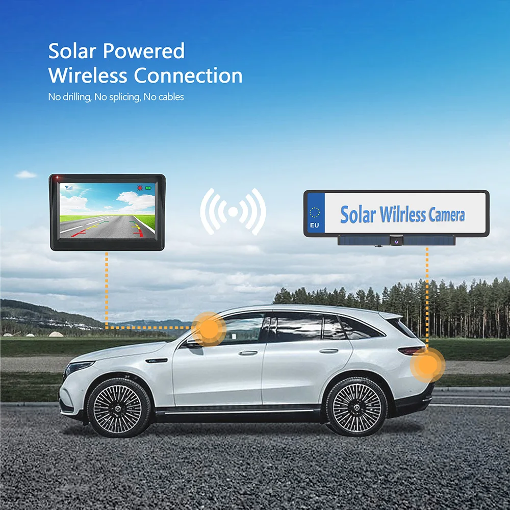 Solar Power License Frame, Backup sem fio, invertendo com linhas de estacionamento, TFT LCD Display Monitor, Easy Fit, TFT