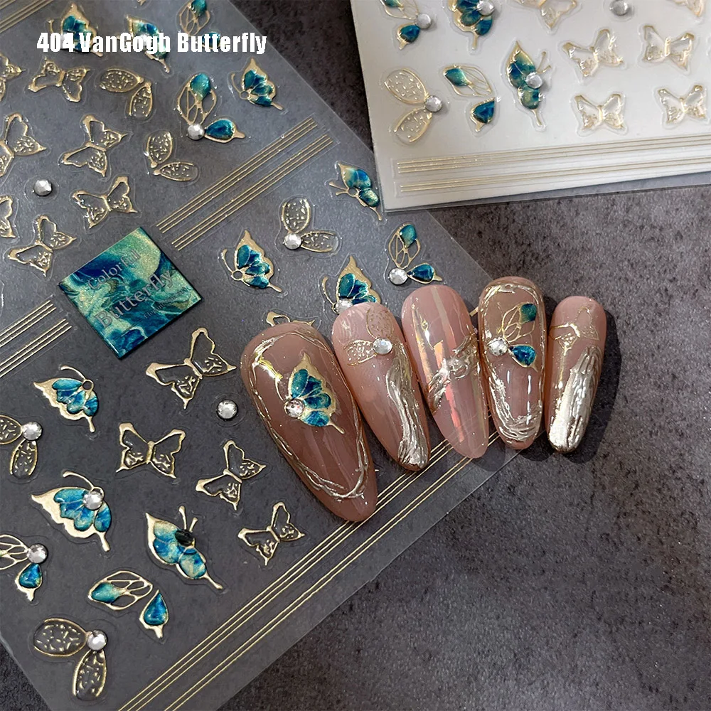 -VanGogh Butterfly- Nail Crystal Diamonds Sticker Gold Chubby Butterfly Jelly Decals Blue Green Shadow Wings Nail 5D Sticker 404