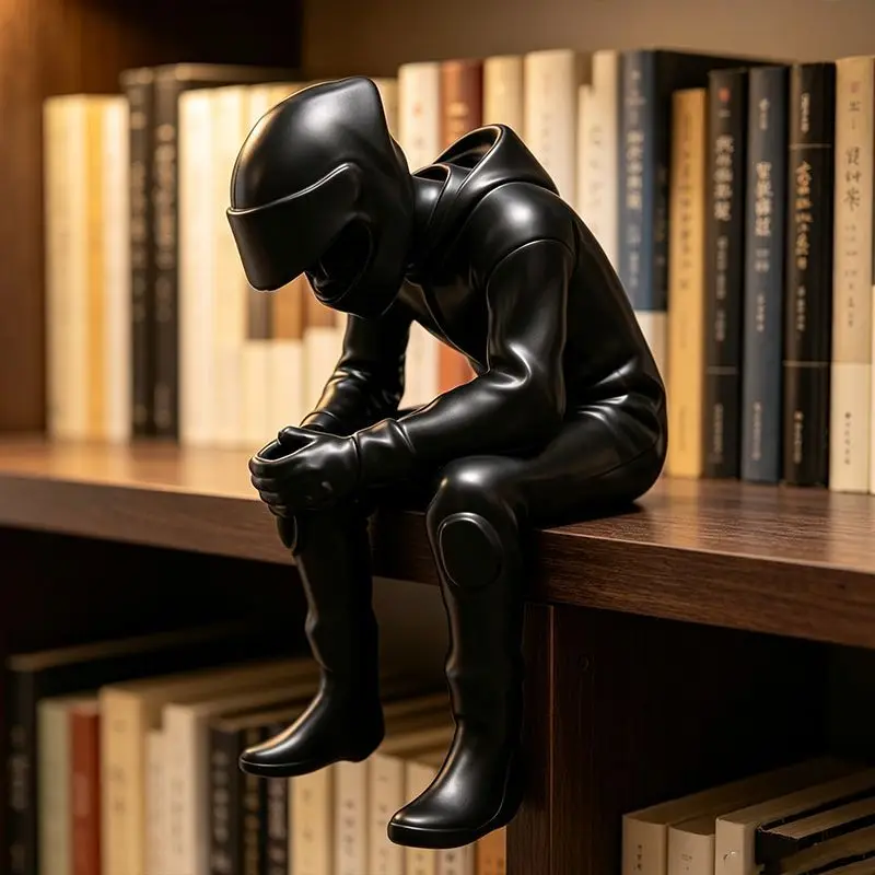 3D Printed Black Hooded Masked Man Statue Abstract Sitting Figure Sculpture With Layer Lines Tabletop Home Office Decor