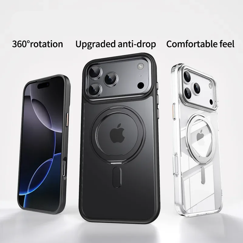 

Matte Transparent PC Magsafe Case For iPhone 17Pro 17 Pro Max Air Metal Magnetic Rotatable Ring Holder Bracket Armor Cover