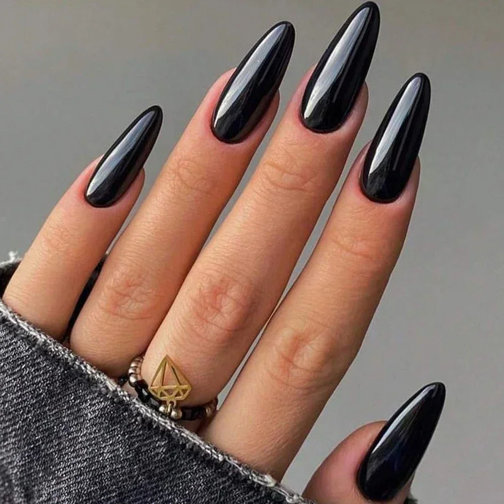 100 個ブラックアーモンド偽ネイルミッドレングスソリッドカラー人工爪リムーバブルプレス爪先アーモンドネイルアート付け爪