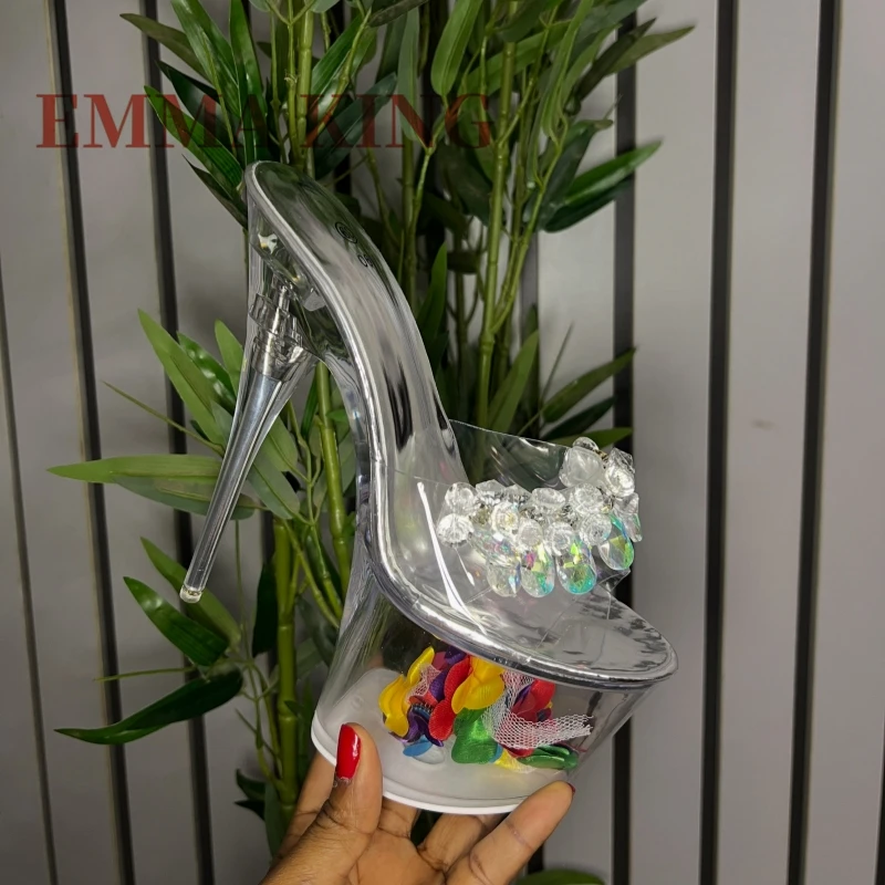 Women Clear PVC Platform Mules, Sparkly Crystal Peep Toe Slide Heels, Transparent Stiletto Heel Slippers,Pole Dancing Shoes