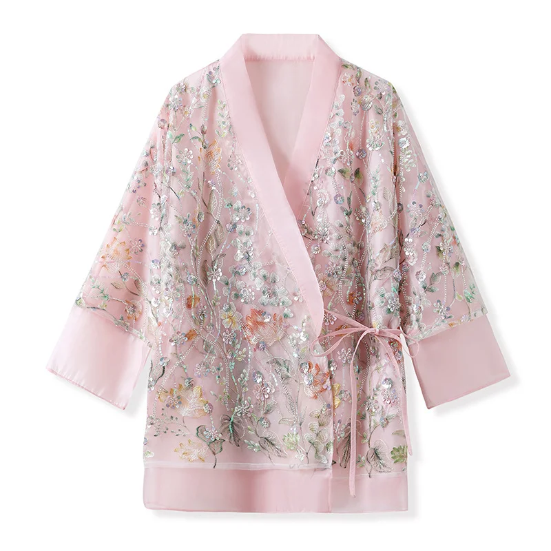 Embroidery Shirts Women Heavy Sequin Thin Light Luxury Lady Tops Plants Flowers Lace-up Pink Literary Retro V-neck Blouses