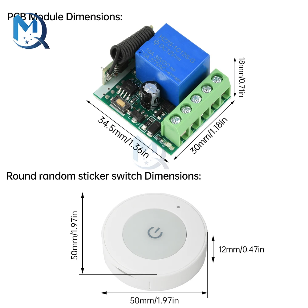 DC 12V 433Mhz Universal Wireless Remote Control Switch, 1-Channel Relay Receiving Module With Shell, Circular Sticker Switch