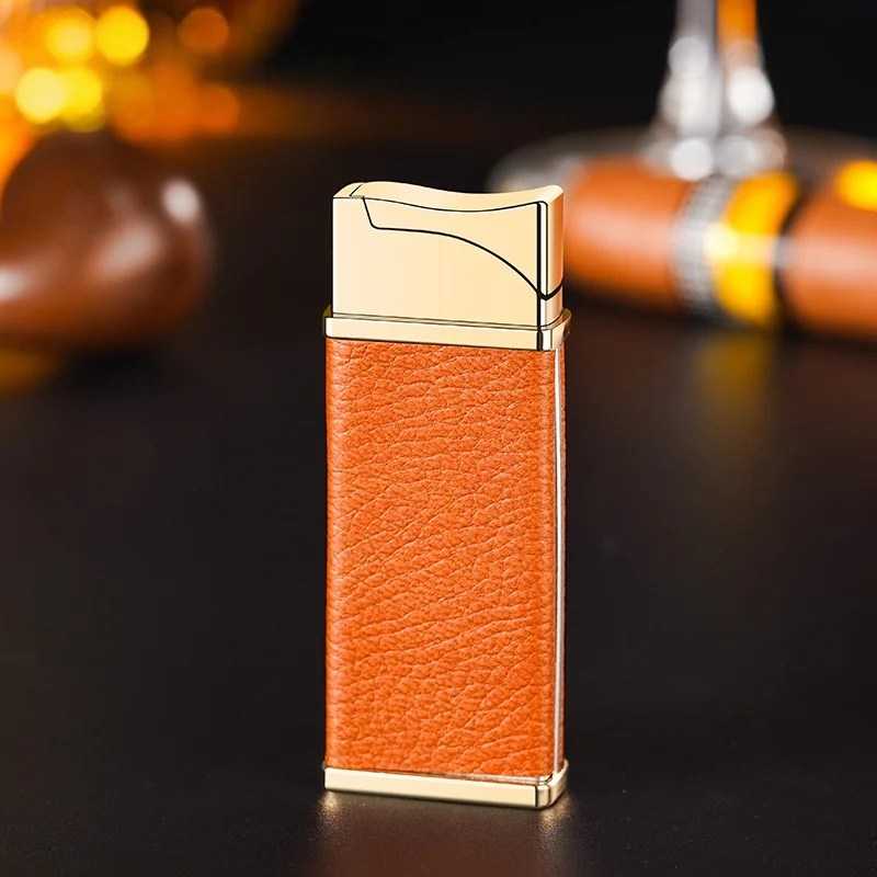 Luxury Leather Wrapped Red Jet Torch Lighter, Gold Plated Refillable Butane Lighter, Elegant Windproof Cigar Lighter for Men