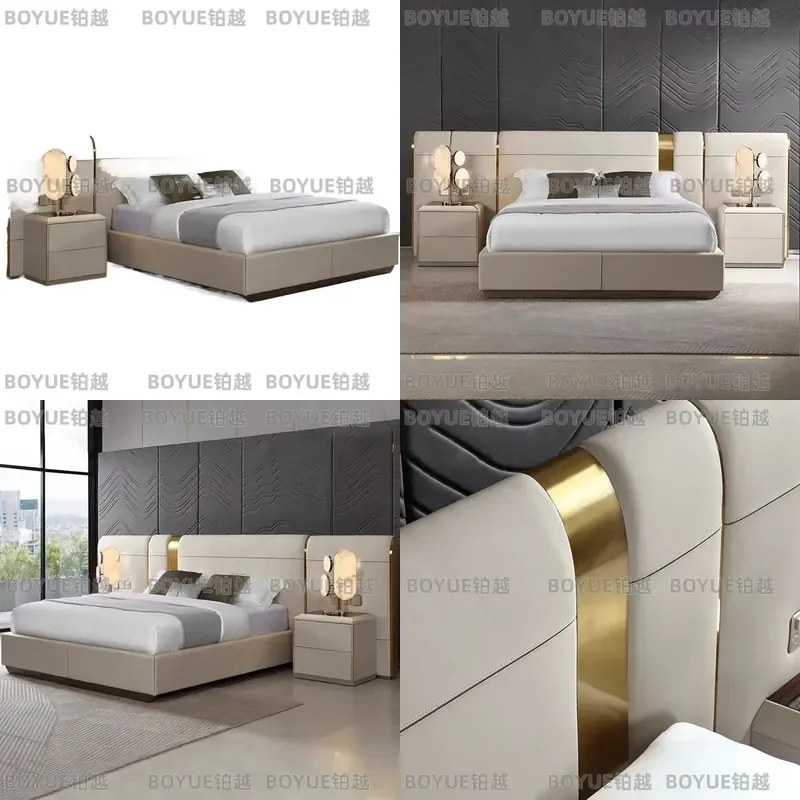 Italian Light Luxury Leather Bed Modern Simple Wide Headboard Double Bed for Master Bedroom Large Apartment Villa Furniture