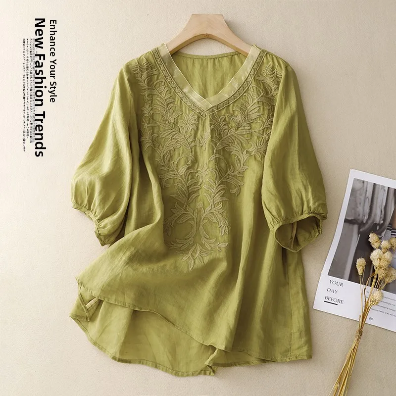 تي شيرت نسائي صيفي مطرز من القطن والكتان ort Sve تي شيرت نسائي صيفي أنيق irt قميص صغير جميل للتنقل Sle V-Ne