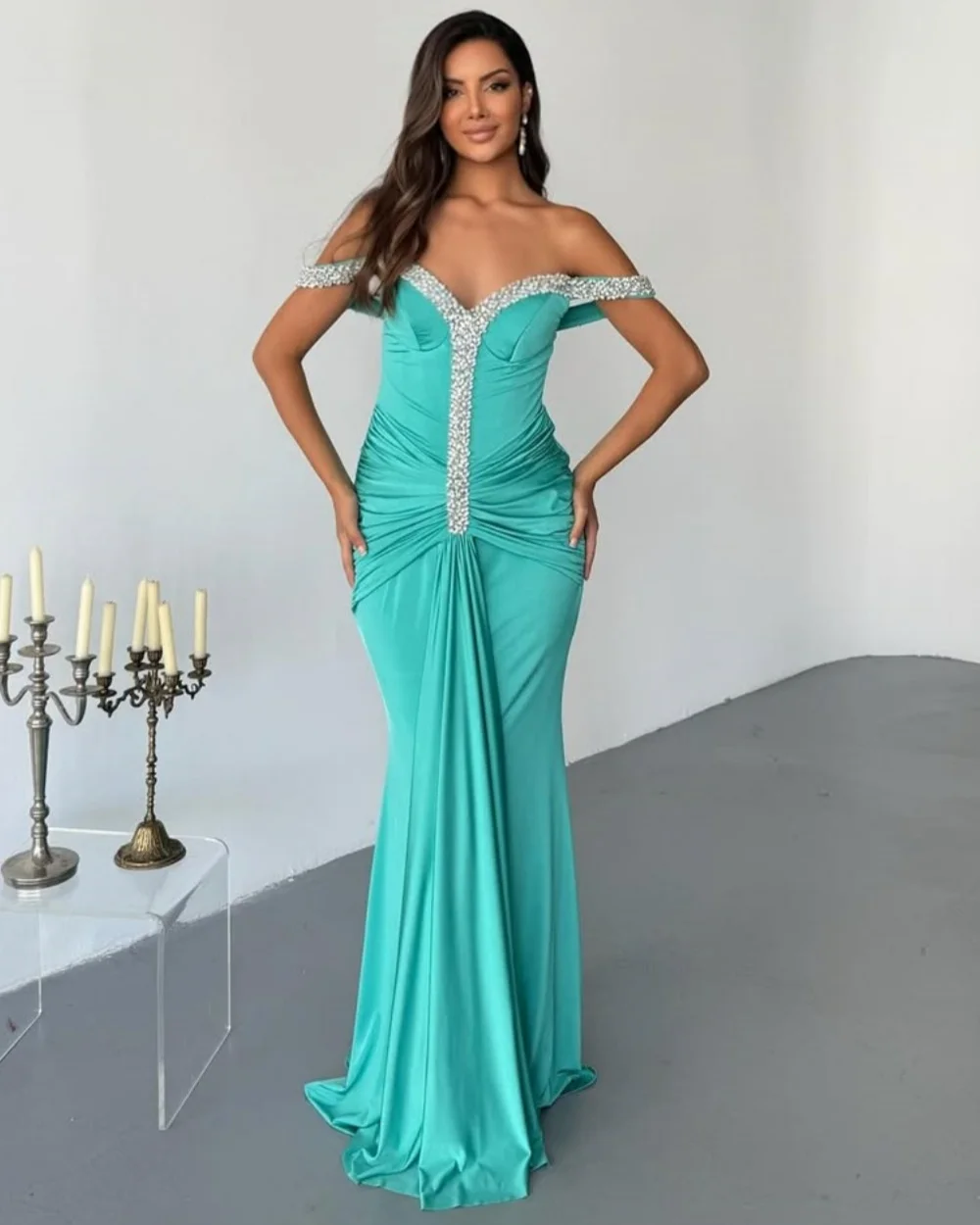 

Customized High Quality Elegant Charmeuse Rhinestone Ruched Mermaid Off-the-shoulder Long Dresses Bespoke Occasion Dresses Sexy