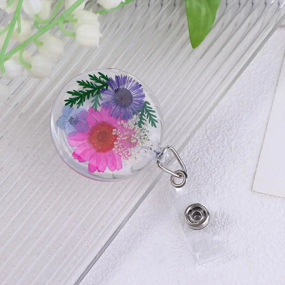 Clip Work Badge Charm Pressed Floral Resin Key Holder Charms Jewelry Card Badge Holder Badge Reel ID Lanyard Reels Keyring