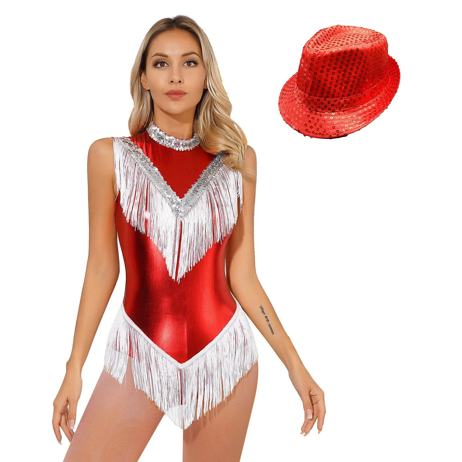 Bodysuit franjado sem mangas metálico brilhante feminino, colete borla e chapéu de lantejoulas, traje de dança, roupa tango, traje de jazz latino