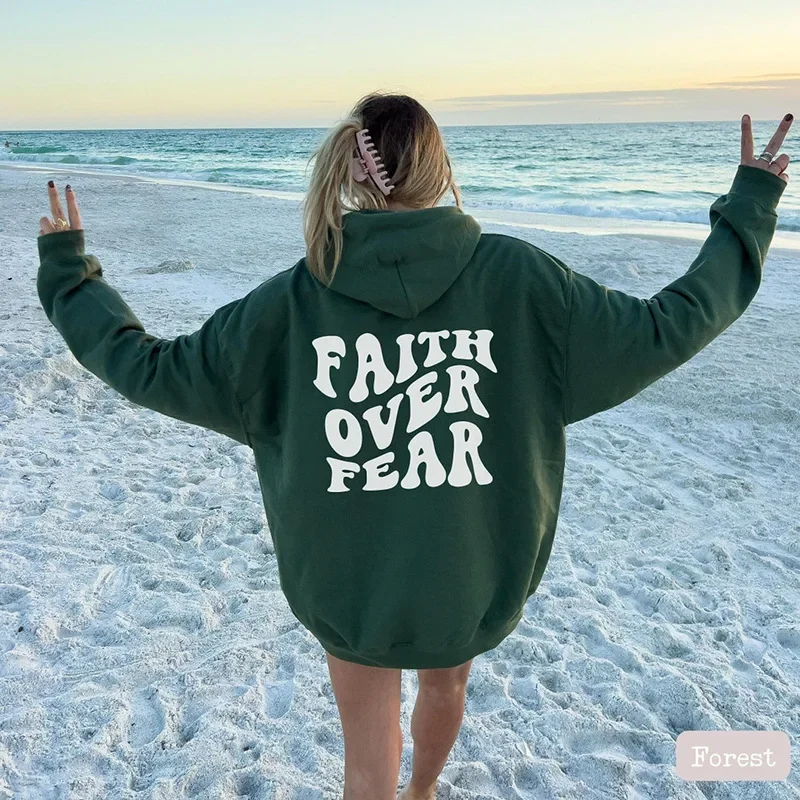 FAITH OVER FEAR Women Plush Sweatshirt Solid Color Letter Print Kangaroo Pocket Drawstring Print Hoodie