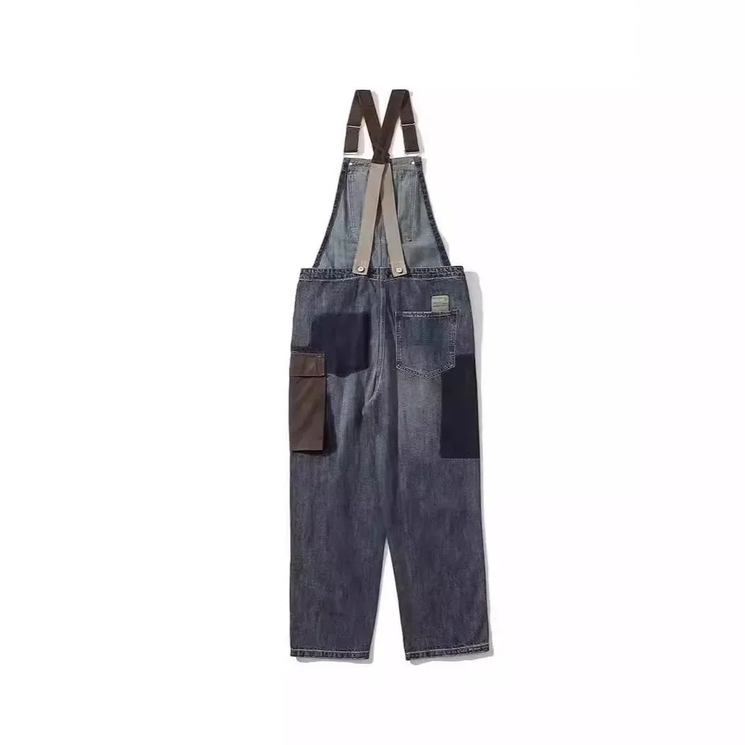 Four Seasons Men’s Japanese Vintage Washed Retro Blue Cargo Overalls Jeans Contrast Multi Pocket Denim Trousers Male Streetwear