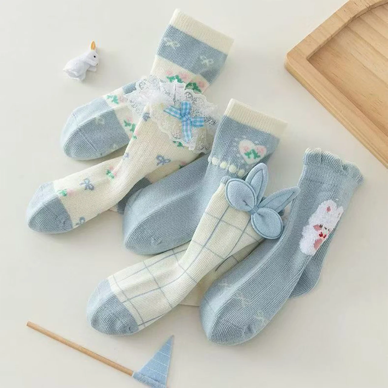 5pair Blue Rabbit Princess Sock Girls Lace Bow Socks Spring Autumn Mid Tube Sock  Children Cotton Socks 1-6Year Kids Footwear