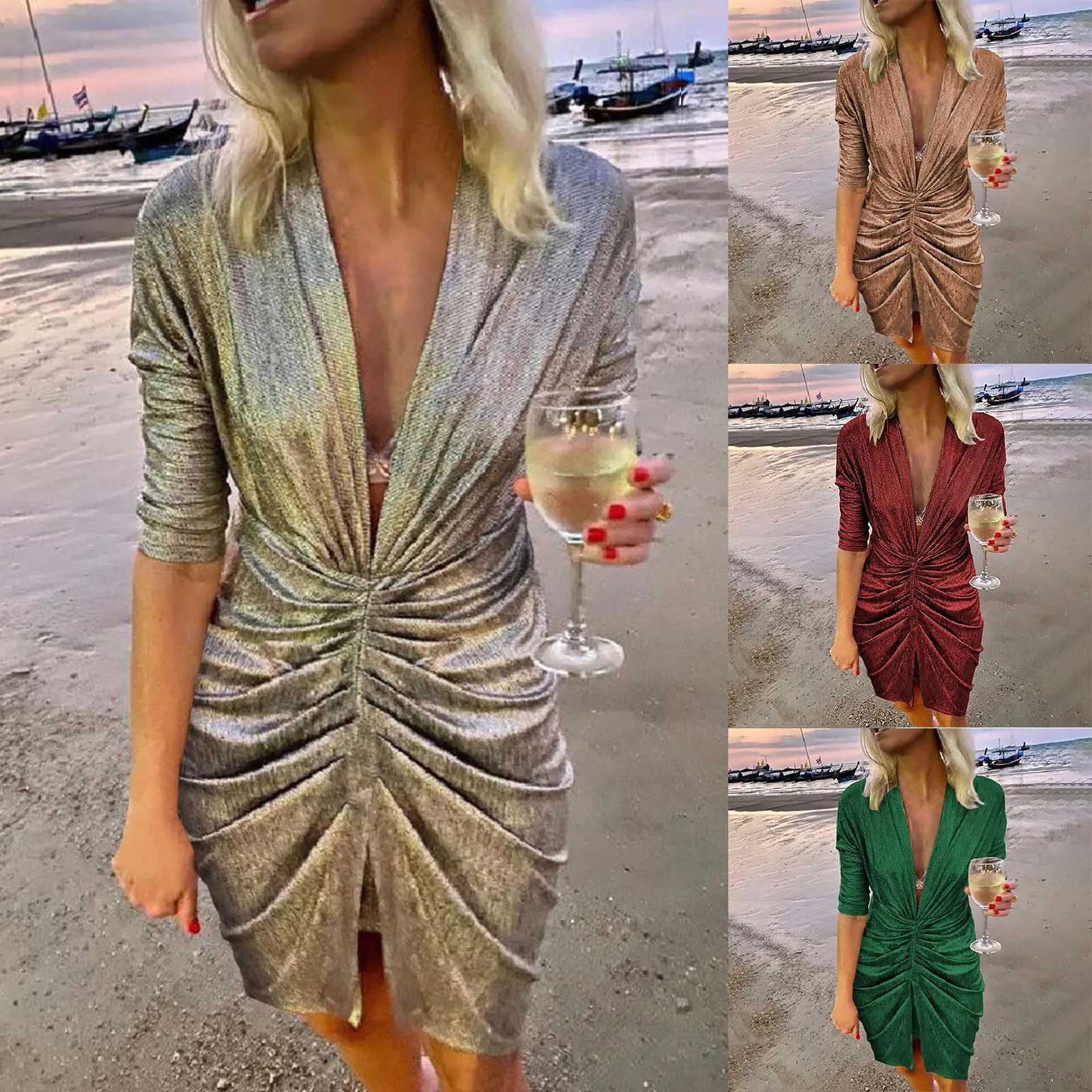 Women Sexy Sequins V Neck Long Sleeve Self Cultivation Dresses Slim Elegant Ladies Party Dress Long Sleeve Dress plus Size