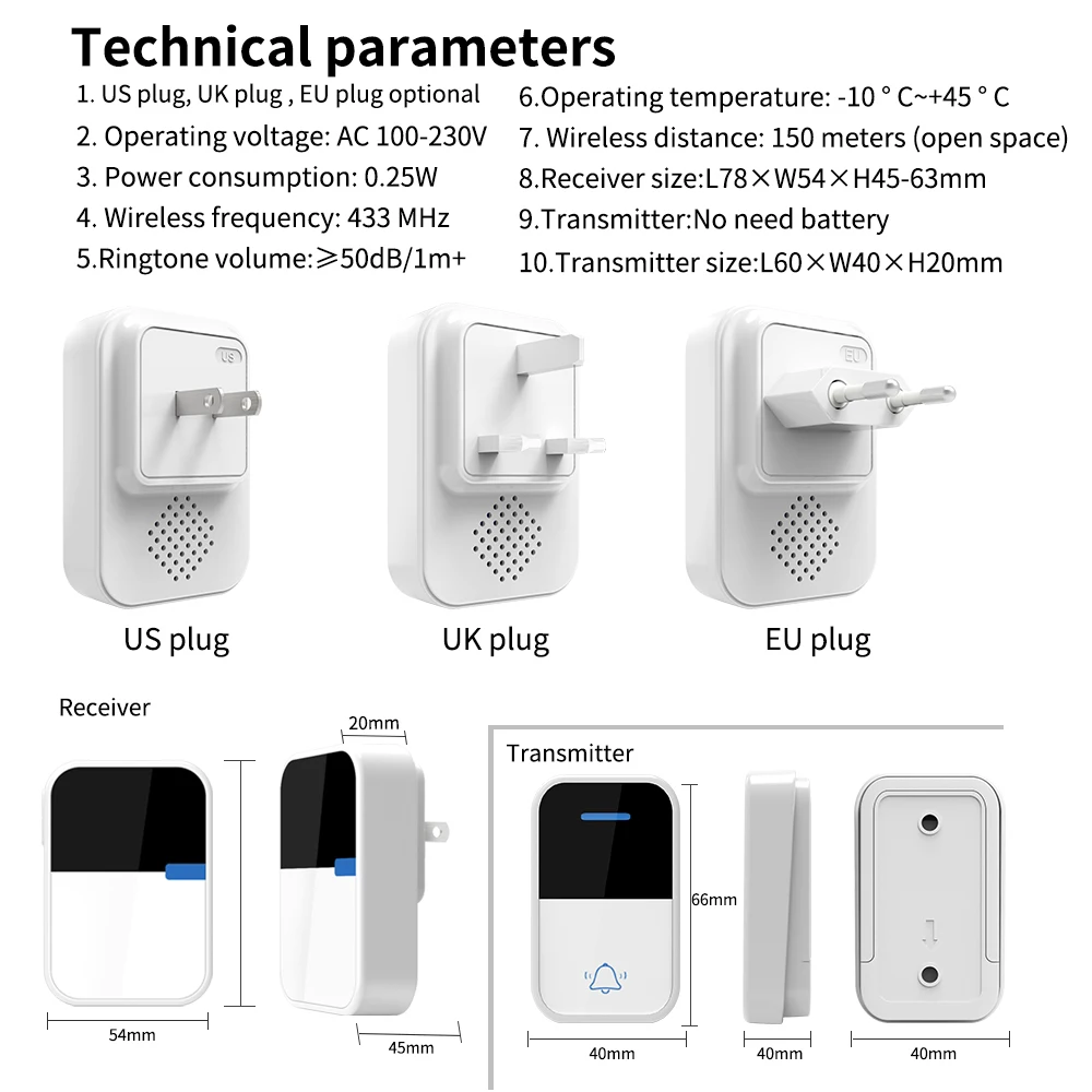 SIXWGH Outdoor Wireless Doorbell Waterproof Kinetic jingle bell NO Need Required Battery Acrylic Button chimes Ring Door bell