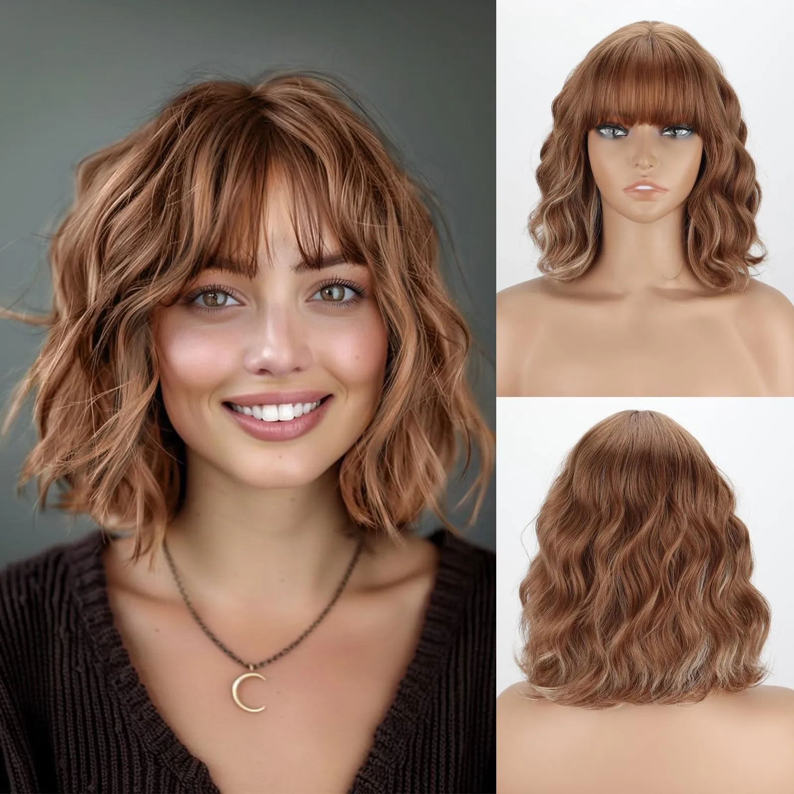 

Light Brown Wavy Wig with Bangs Short Synthetic Curly Blonde Brown Highlight ...