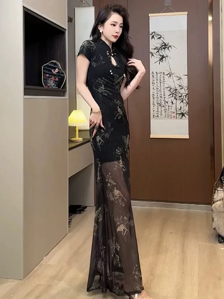 Cheongsam No. 28 evening dress, stand-up collar, disc-button high-end dress, new style waist slimming long dress