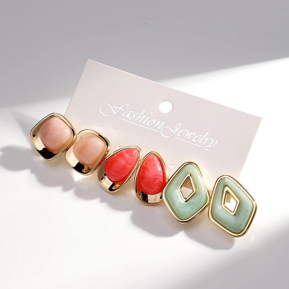 Retro 3pairs Gold Plated Geometric Acrylic Stud Earrings for Women Irregular Square Water Drop Earring Fashion Jewelry Set Gifts