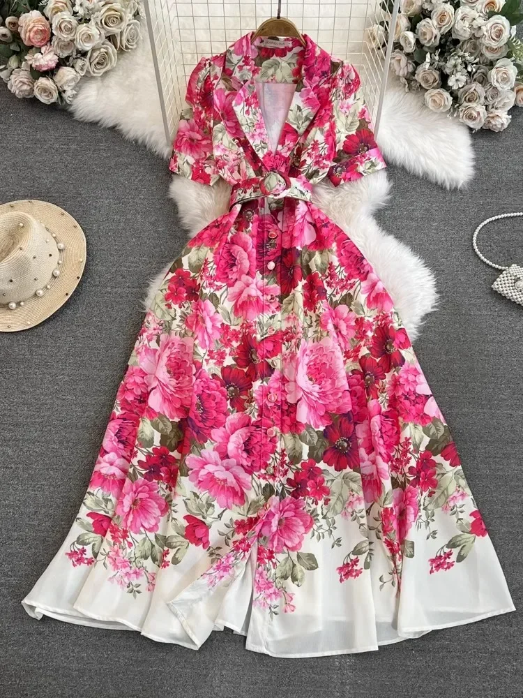 Summer Elegant Holiday Floral Print Robe Dress Women Short Sleeve Notched Belt Party Dress Female Beach Vacation Maxi Clothes