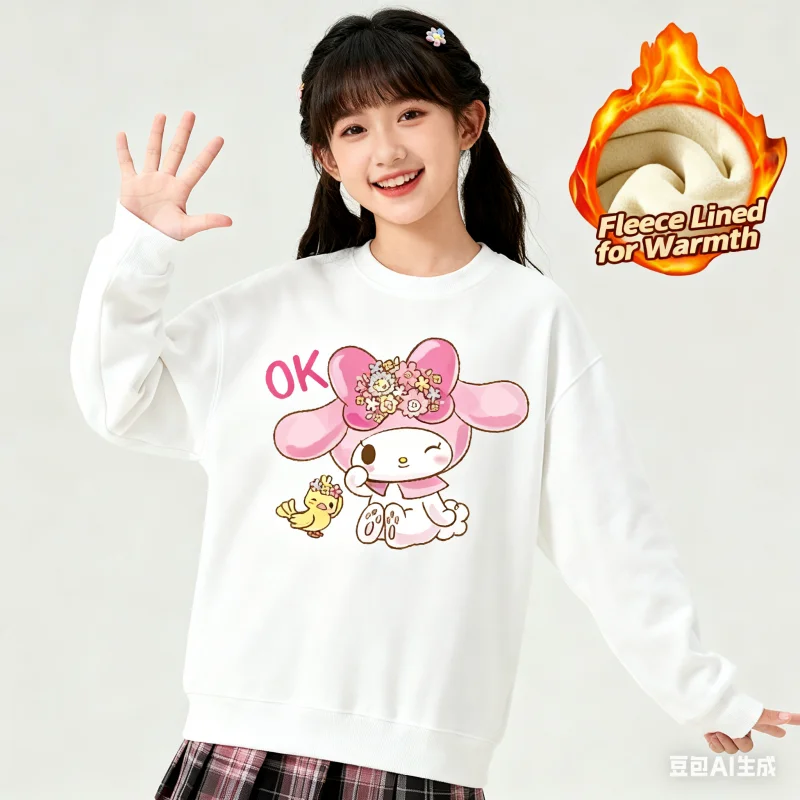 

2025 Sanrio Series Printed Crew Neck Long-Sleeve Top, Cute and Warm Fleece-Lined Crew Neck Long-Sleeve T-Shirt, 100% Cotton