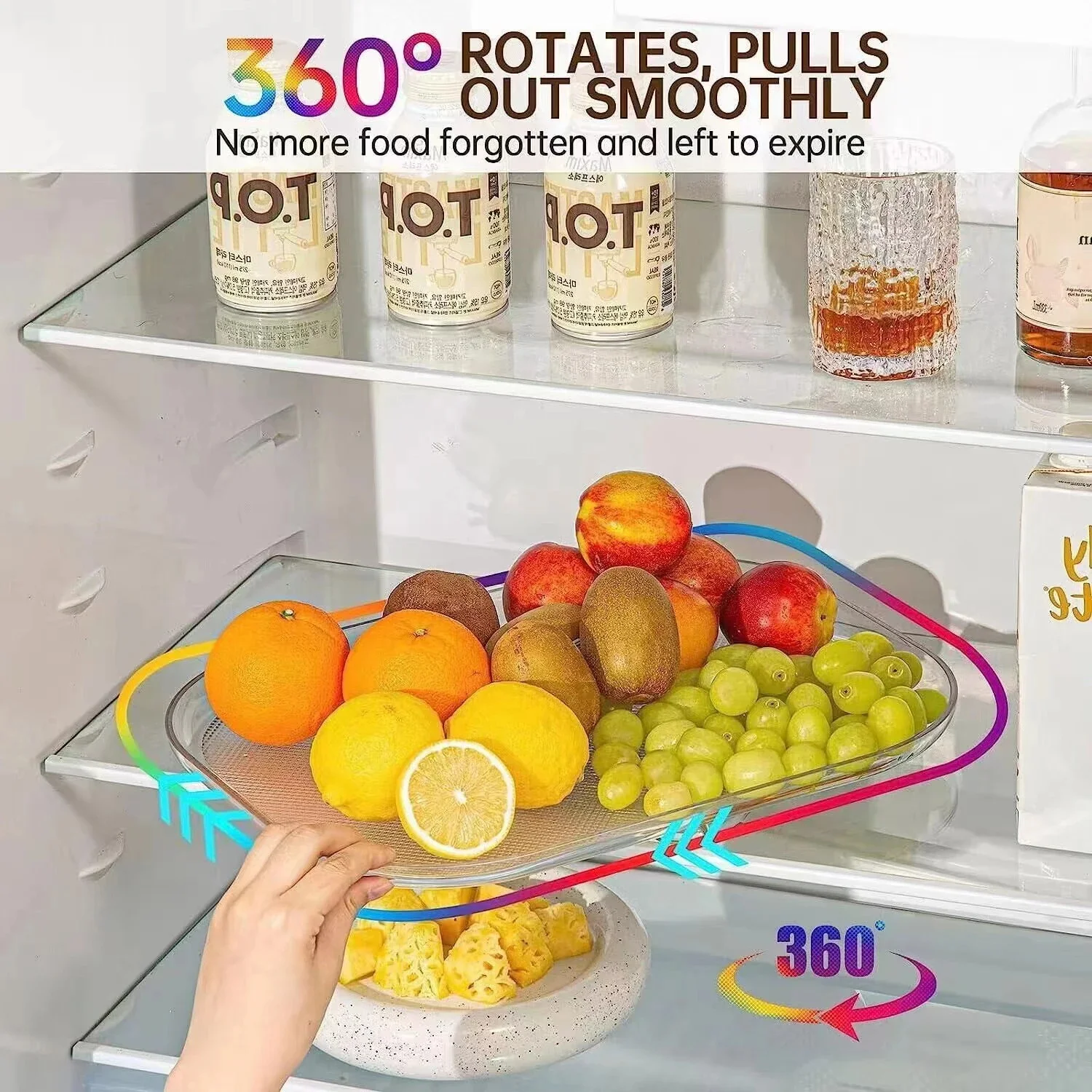 Fridge Organizer 360 Degree Clear Refrigerator Turntable Rectangular Refrigerator Organizer, Rotating Organizer for Kitchen