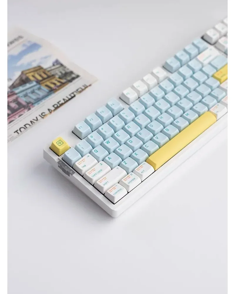 pastel blue white yellow two tone pbt keycaps set durable high quality for custom mechanical keyboards