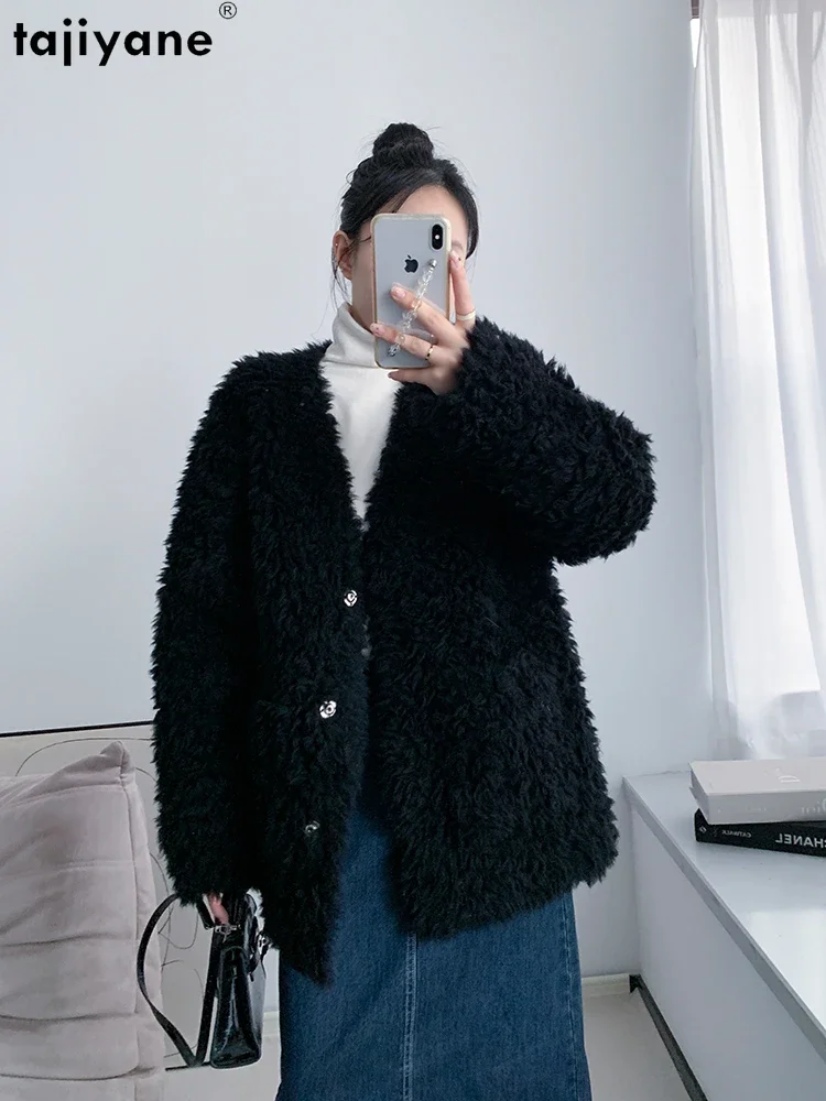 Tajiyane Elegant 100% Sheep Shearing Jacket Women Winter 2023 New Fashion V-neck Wool Coat Ladies Coats and Jackets Chaquetas