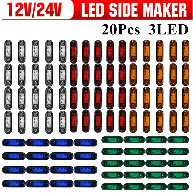 

20pcs 12V 24V 3 LED Car External Side Marker Warning Lights Oval Clearance Signal Brake Trailer Truck Lamps Truck Lorry Bus