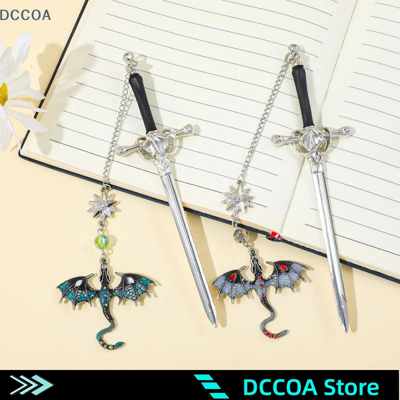 Sword-shaped Weapon Model Metal Bookmark With Double-winged Dragon Pendant Book Lovers Reading Accessories Birthday Gift