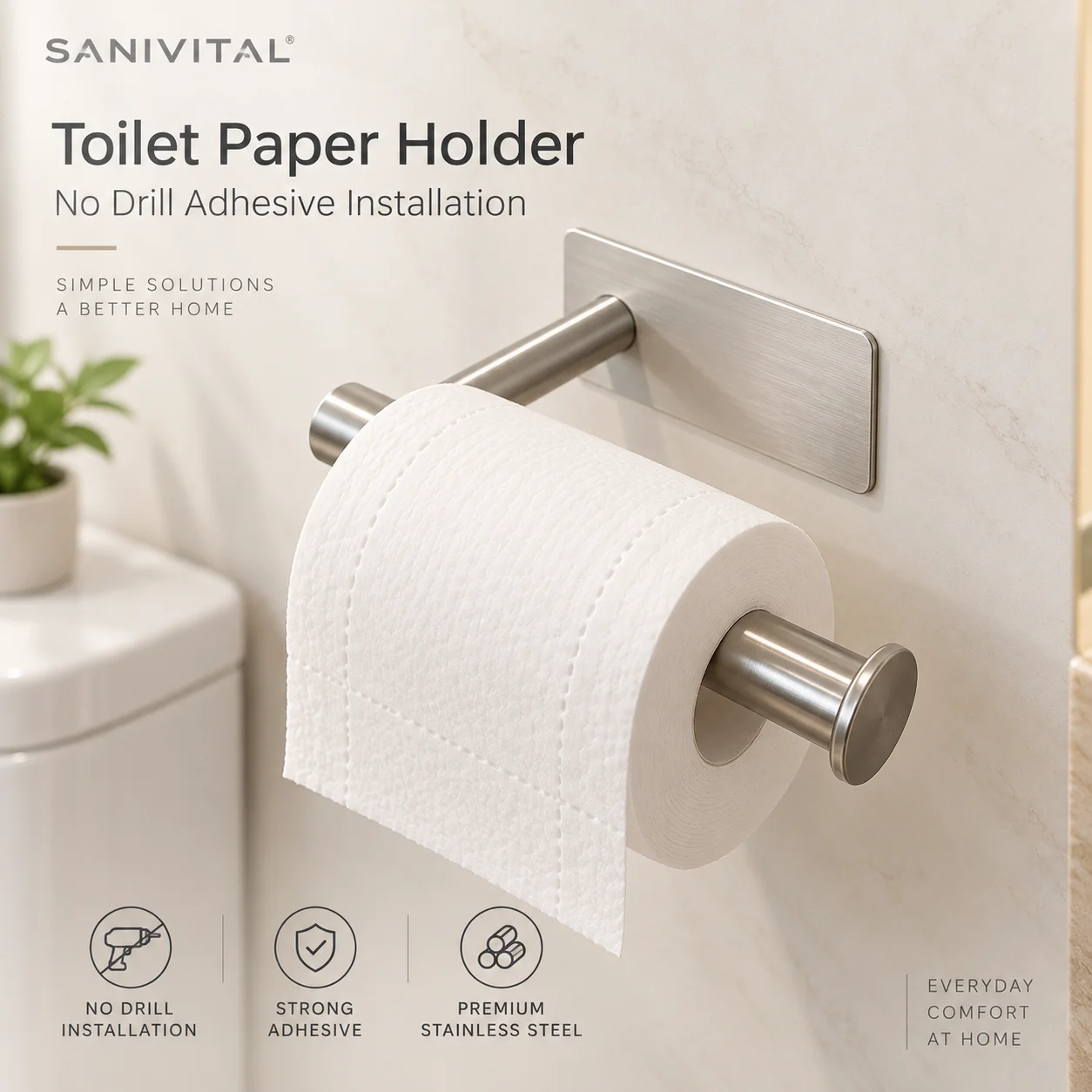 SANIVITAL Brushed Stainless Steel Toilet Roll Holder Drill-Free Self-Adhesive Bathroom Tissue Holder