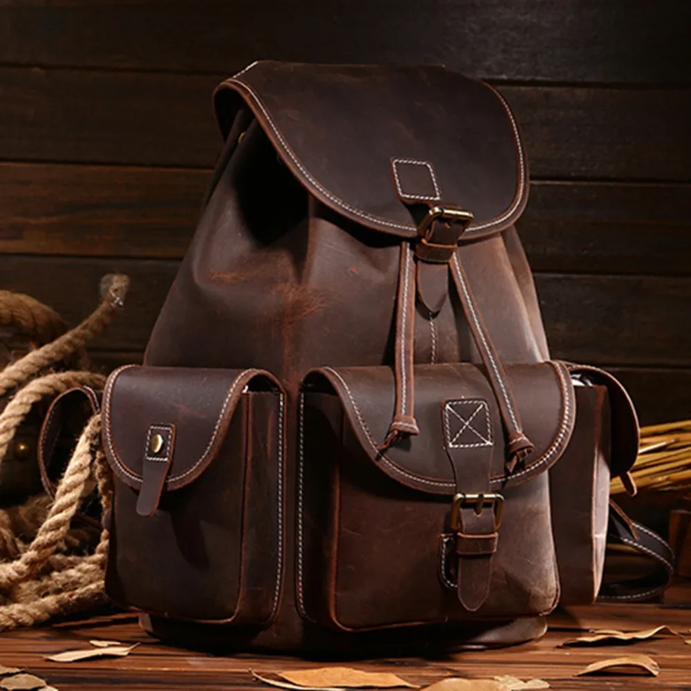 Top Quality Crazy Horse Cowhide First Layer Knapsack Male Computer Bag School Bags Vintage Genuine Leather Rucksack Men Backpack