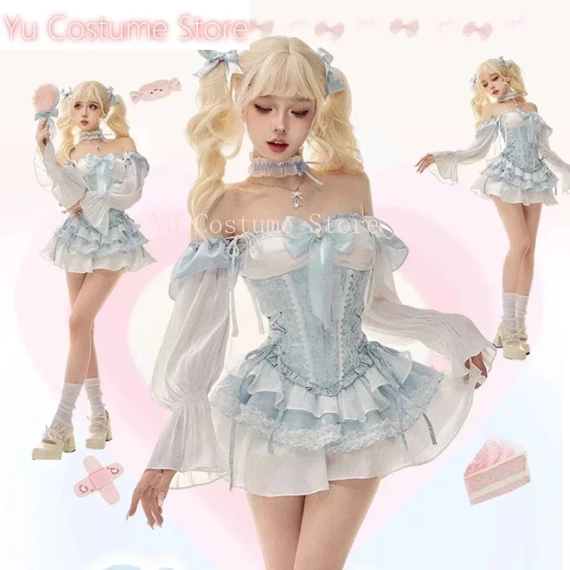 

CyKawaii Japanese Style Y2K 2 Piece Set Girls Blue Slim Belt Vest + Y2k Mini Dress Fashion Party Lolita Clothing Woman 2025 Chic