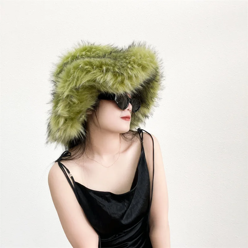 

Fluffy Oversized Y2K Bucket Hat Fur Cap Women's WInter Warm Thickened Imitation Raccoon Fur Hat Bucket Hat Gorros Invierno Mujer