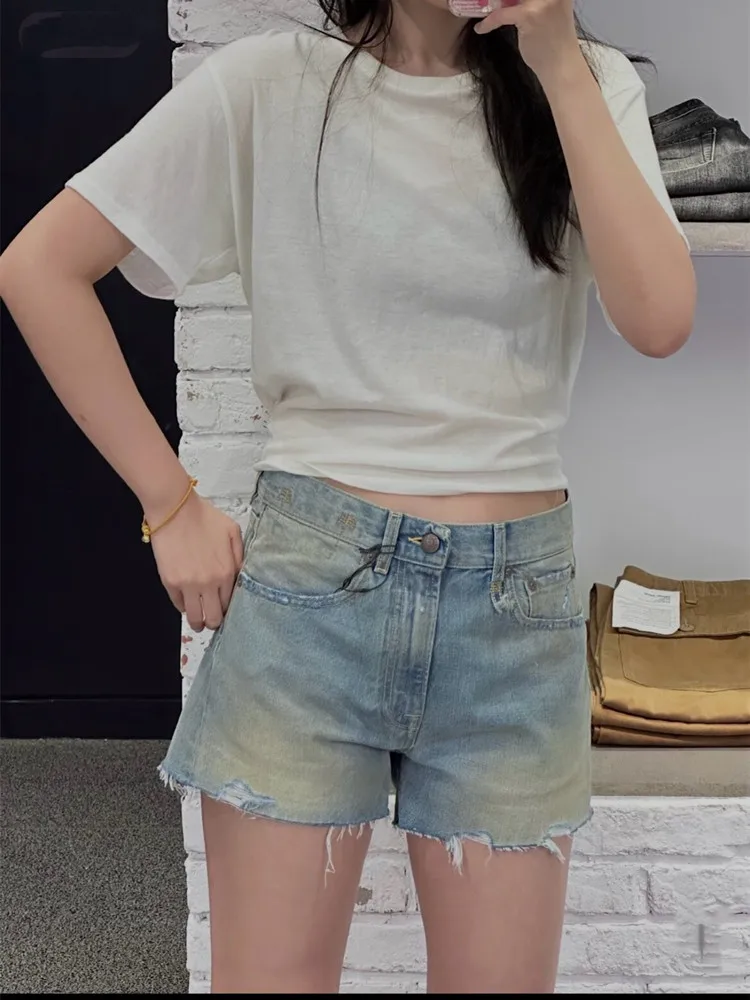 Fashion Edged Worn Women Distress High Waist Zipper Fly Denim Shorts All-Match