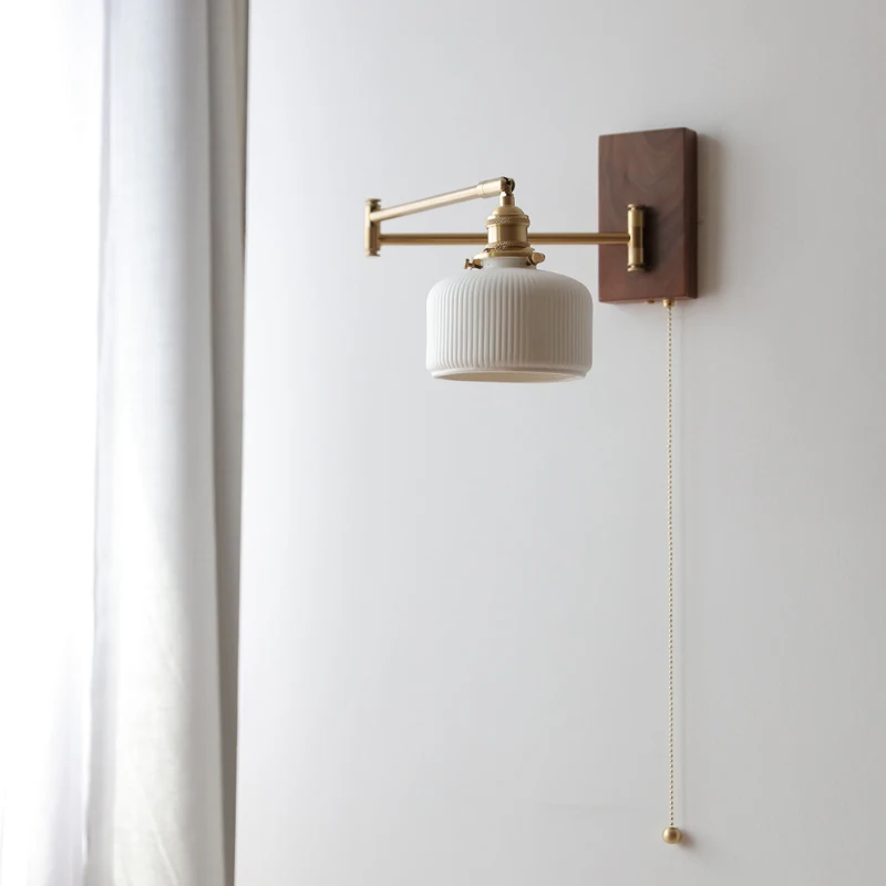 IWHD Pull Chain Switch LED Wall Lamp Beside Bedroom Living Room Light Arm Left Right Totate Wood Canopy Applique Murale Sconce