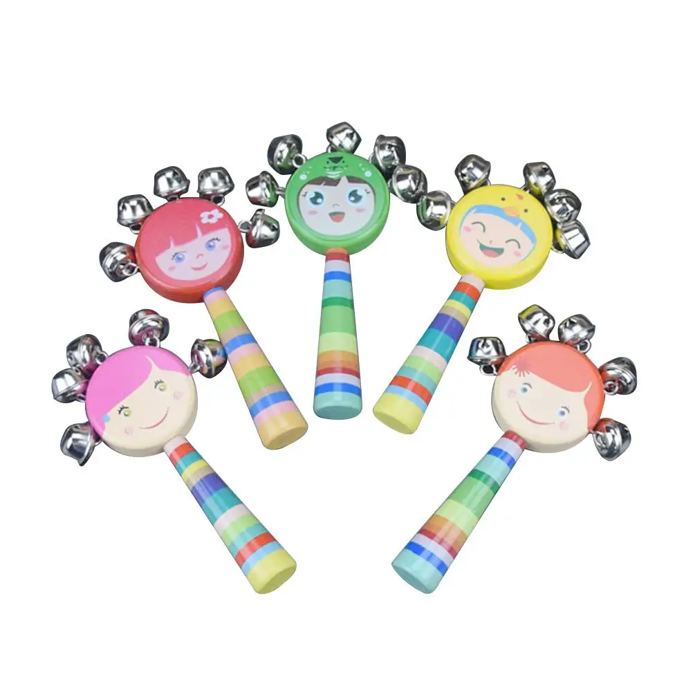 

Wooden Rattle Toys Infant Kids Musical Instruments Clear Sound Educational Toys Cartoon Handle Baby Smiling Rattle Wooden Bells