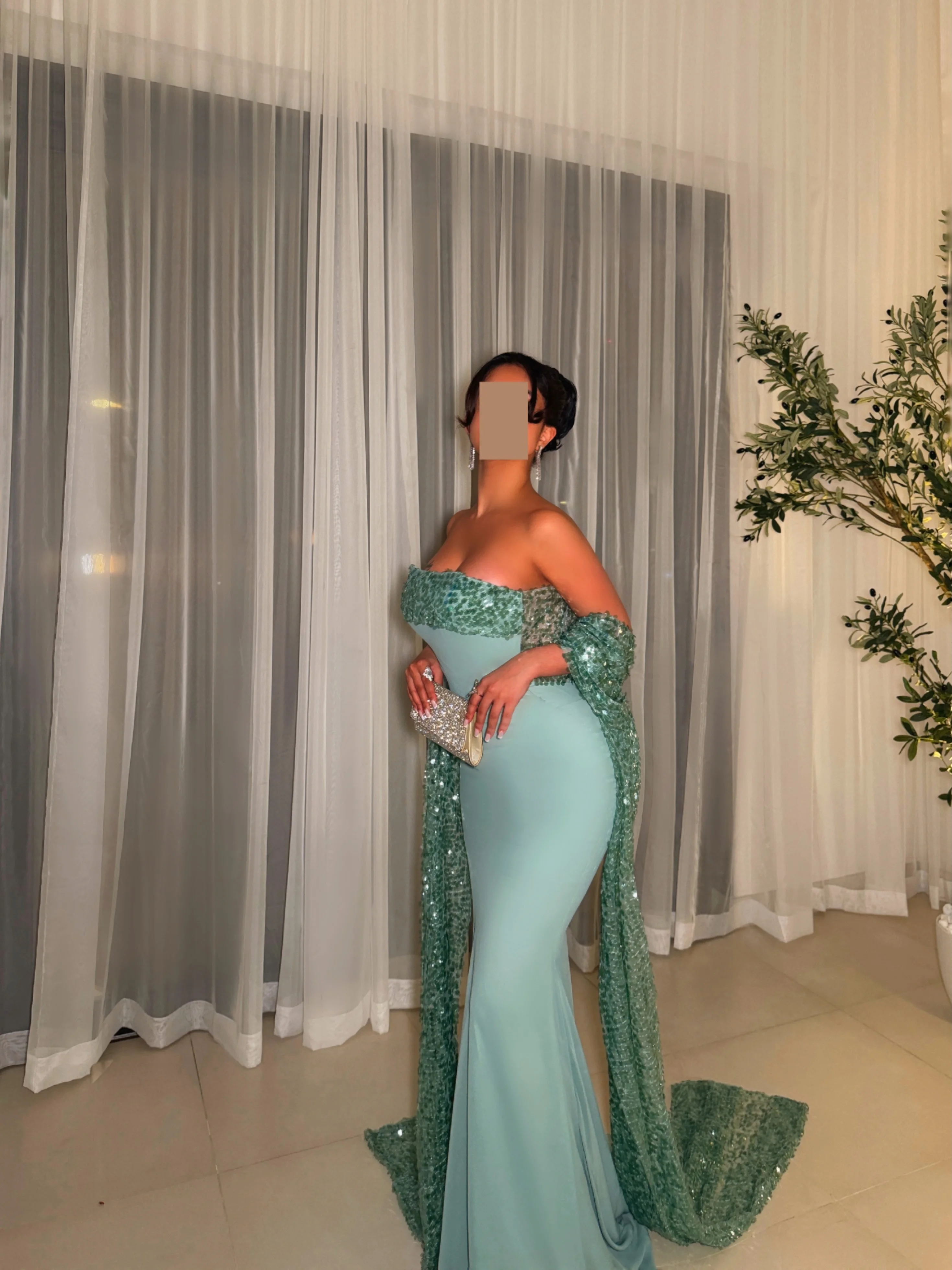 Fantasy Lake Blue Mermaid Strapless Evening Dresses Bridal Party Chest with Sequins Ribbons Chapel Train Exquisite Prom Gowns
