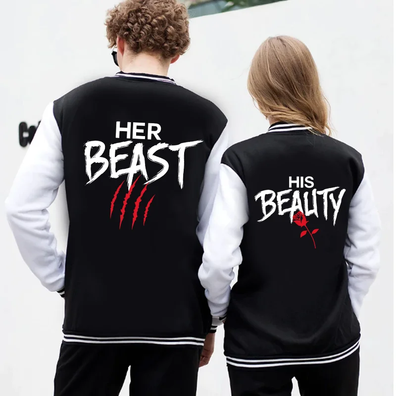 NEW HER BEAST HIS BWAUTY Printed Baseball Shirt Men's and Women's Outdoor Street Couple Harajuku Sweatshirt Jacket Top