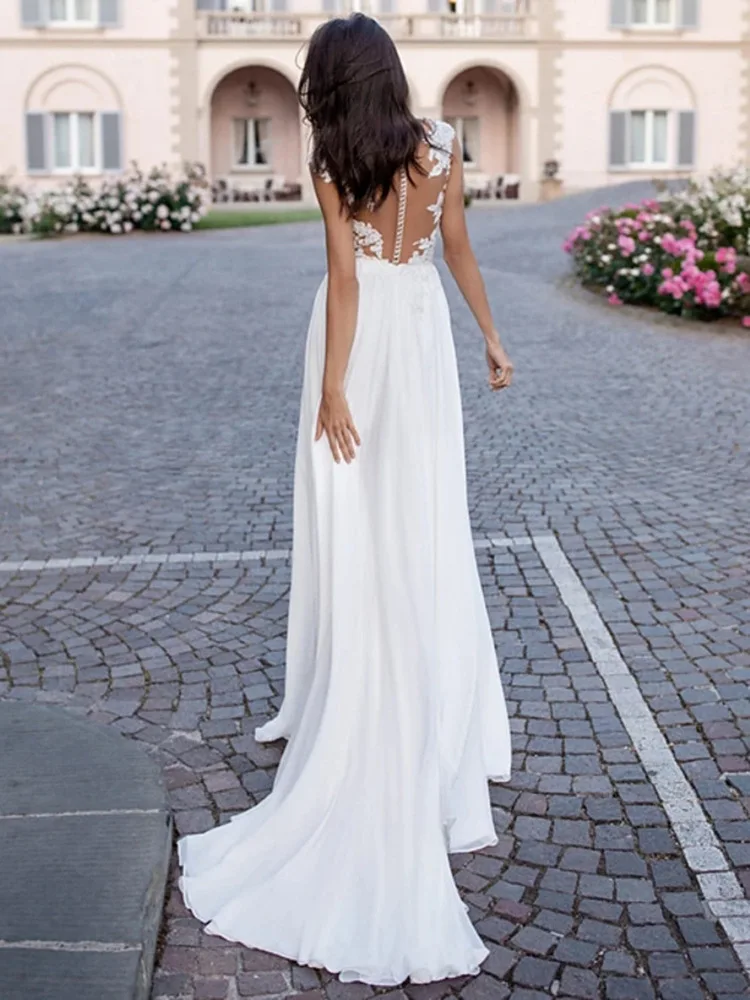 VENSANAC Boho abertura lateral Apliques de encaje una línea vestido de novia ilusión cuello en V espalda descubierta tren de barrido vestido de novia