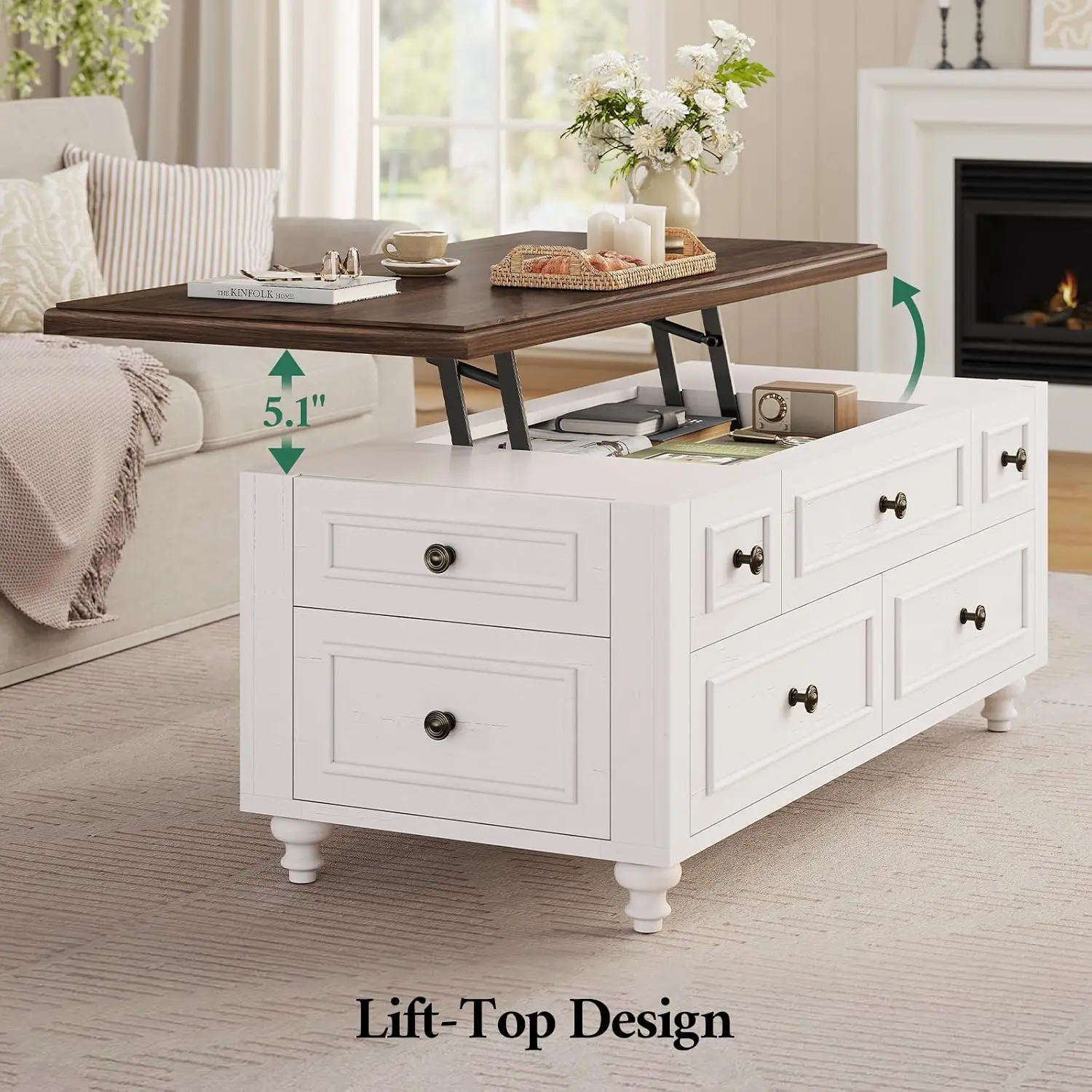 47.2" Farmhouse Lift Top Coffee Table, Large Hidden Storage Compartment & 4 Drawers for Living Room, Custom