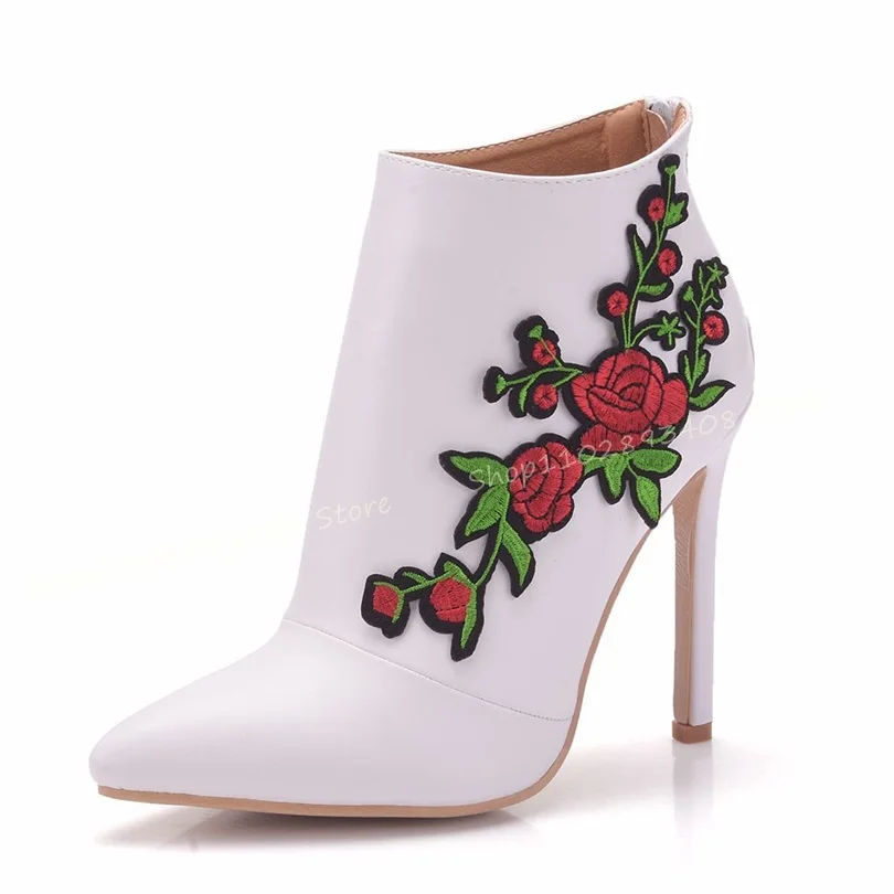 Embroider Flower Ankle Boots Pointed Toe Solid Thin High Heels Side Zipper Women Autumn Fashion Shoes 2023 Zapatos Para Mujere