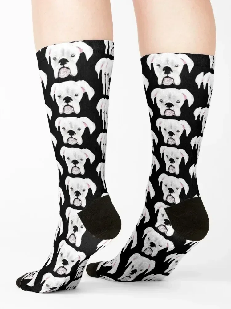 WHITE BOXER DOG HALFTONE PUPPY PRETO Meias futebol academia moda bonito menino meias femininas