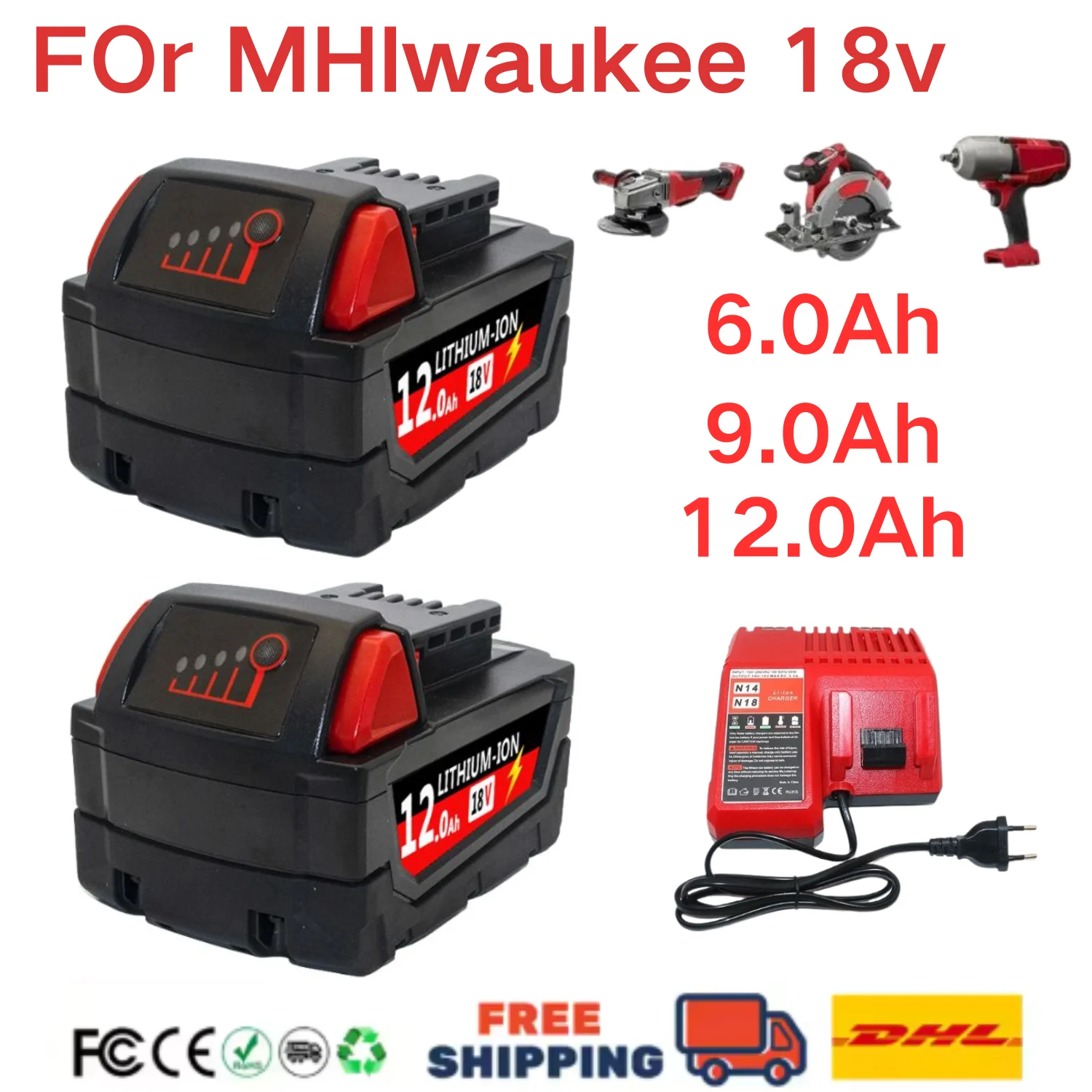 100% brand new For Milwaukee M18 Power Tool Battery, Charger, BR, XC, 18V, 12000mAh M18B5, 48-11-186