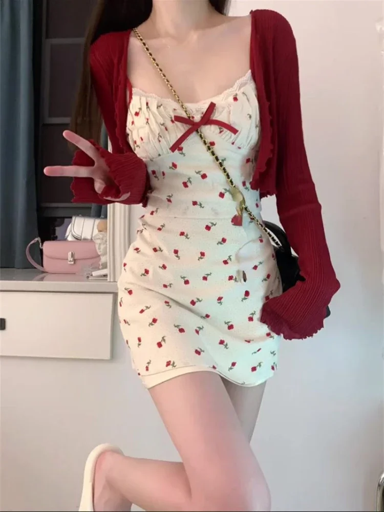 Sweet 2 Piece Dress Set Woman Red Long Sleeve Cardigan + Strap Floral Y2k Mini Dress Party Korean Fashion Suit 2023 Autumn Chic