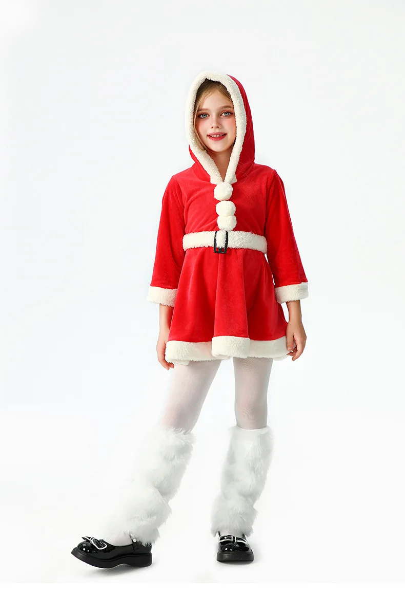 Weiches Samtkleid für Kinder mit Weihnachtsmann-Motiv, Kapuze, Weihnachtskostüm, Weihnachtsfeier, Bühnenauftritt, Show, Cosplay, Rock, Outfit – Detail 9