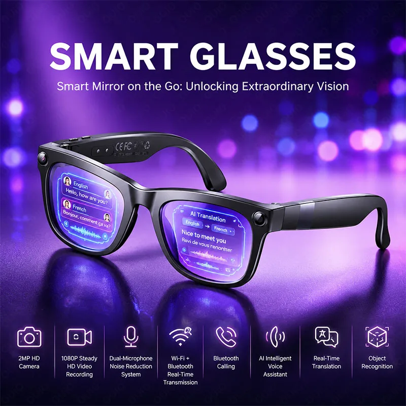 2026 Smart AI Glasses 2MP HD Camera 1080P Video Recording Wi-Fi Transfer Real Time Translation Object Recognition Smart Glasses