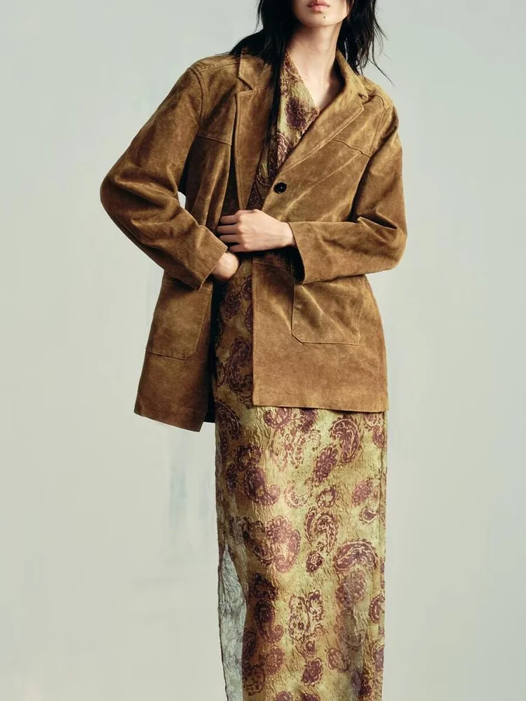 

Осенняя новая модная простая женская свободная универсальная однотонная куртка из искусственной кожи в европейском и американском стиле с длинными лацканами