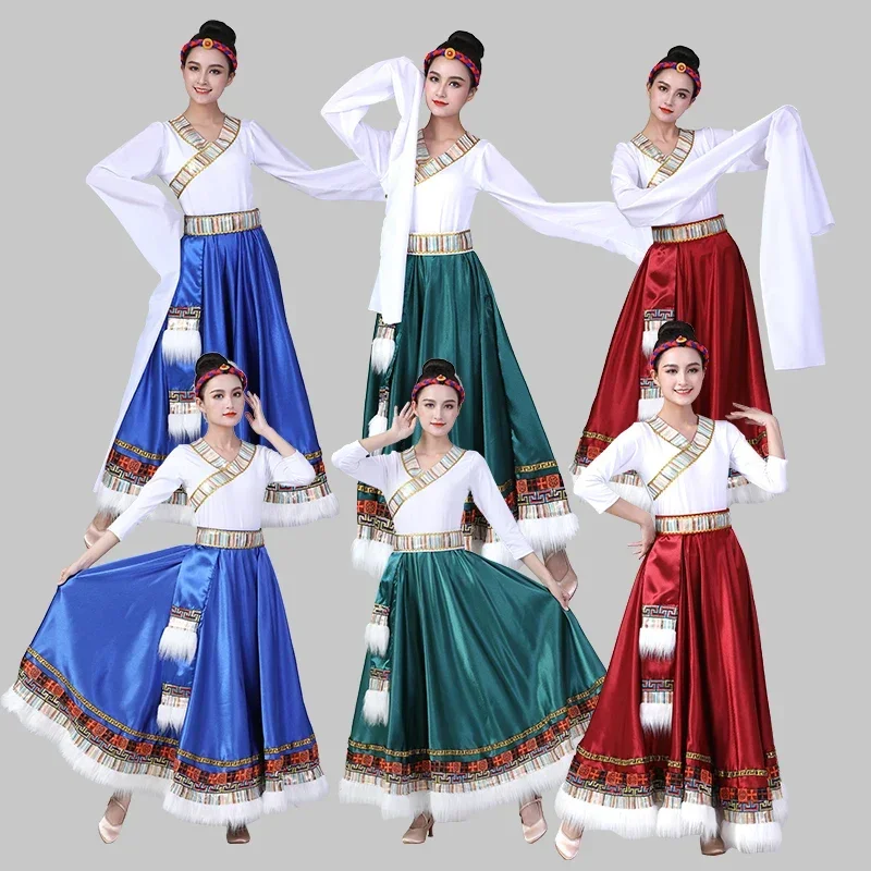 Sukienka do tańca tybetańskiego damska letnia spódnica nowy strój egzamin artystyczny strój narodowy sukienka do ćwiczeń z rękawami