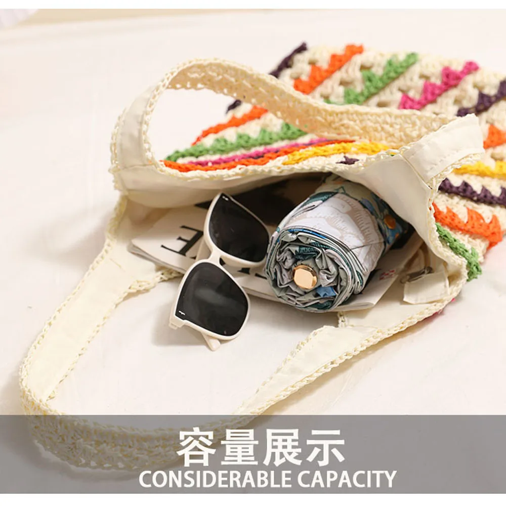 Woven Colorful Striped Underarm Shoulder Bag Casual Handbag For Outdoor Picnic Camping Beach Vacation Larger Capacity Tote Bags